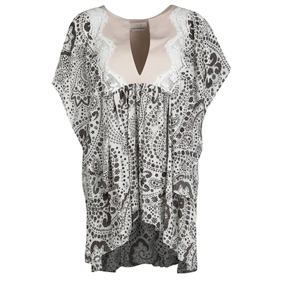 Pre-owned Chloé Off White Printed Silk Lace Insert Ruffled Kaftan Top L