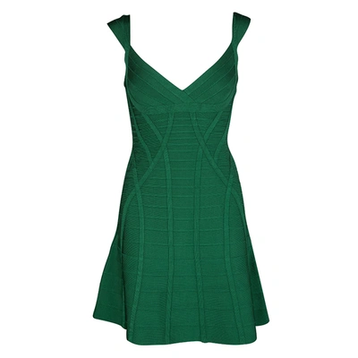 Pre-owned Herve Leger Pine Green Fit And Flare Sleeveless Mayra Dress M