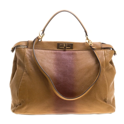 Pre-owned Fendi Tan/brown Ombre Leather With Calfhair Lining Large Peekaboo Top Handle Bag