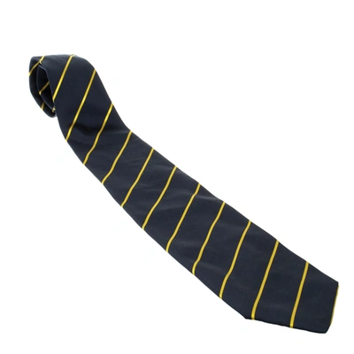 Pre-owned Saint Laurent Vintage Navy Blue And Yellow Striped Silk Tie