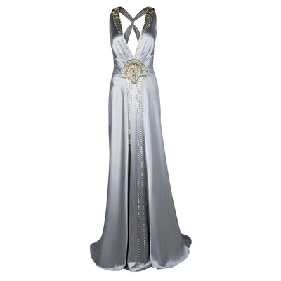 Pre-owned Jenny Packham Grey Satin Embellished Halter Evening Gown M