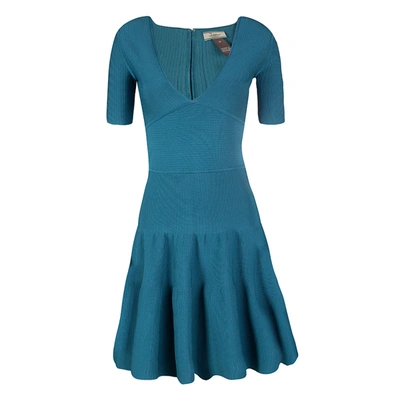 Pre-owned Issa Teal Blue Rib Knit V-neck Flared Bottom Dress M