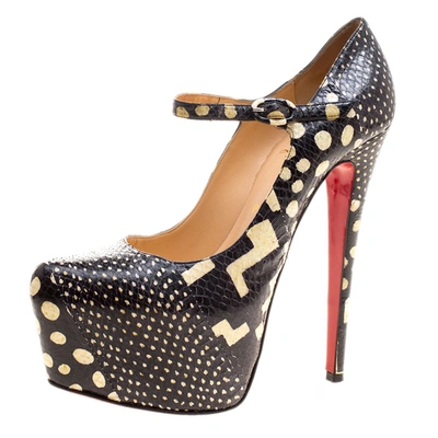 Pre-owned Christian Louboutin Monochrome Printed Snake Skin Daffodile Mary Jane Platform Pumps Size 38 In Black