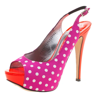 Pre-owned Gina Purple Polka Dot Fabric Peep Toe Slingback Sandals Size 37.5