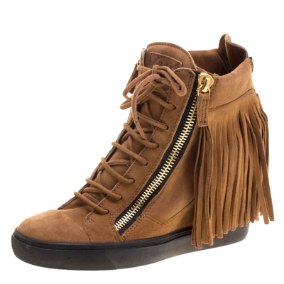 Pre-owned Giuseppe Zanotti Brown Suede Lorenze Fringe Wedge Sneakers Size 40