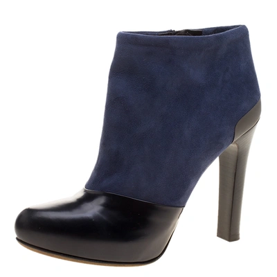 Pre-owned Fendi Navy Blue/black Suede And Leather Ankle Boots Size 37.5