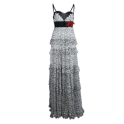 Pre-owned Elie Saab White Lace Detail Polka Dotted Tiered Sleeveless Gown M