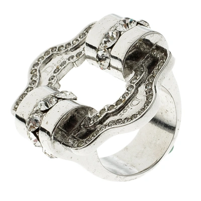 Pre-owned Dior Crystal Embellished Silver Tone Ring Size 49