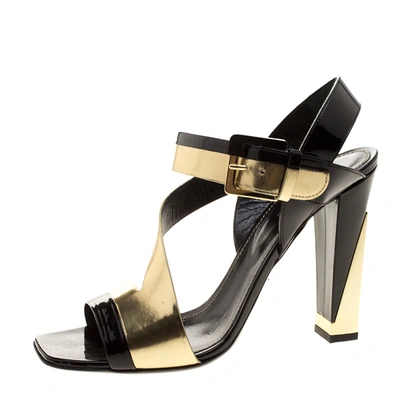 Pre-owned Sergio Rossi Black Patent And Metallic Gold Leather Zed Peep Toe Sandals Size 40