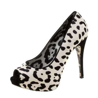 Pre-owned Dolce & Gabbana White Leopard Print Calfhair Peep Toe Platform Pumps Size 35.5