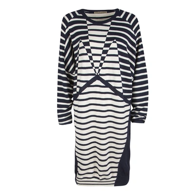 Pre-owned Balenciaga Navy Blue And Cream Striped Silk Cashmere Sweater Dress M