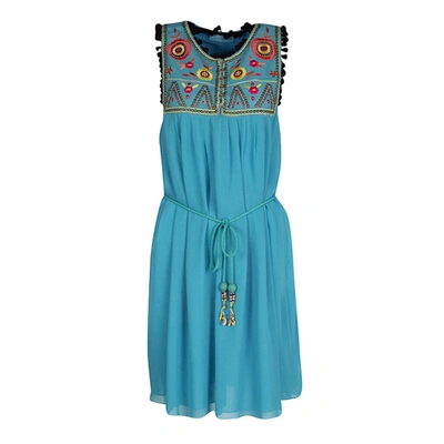 Pre-owned Matthew Williamson Escape Blue Floral Embroidered Silk Pom Pom Trim Sleeveless Dress M