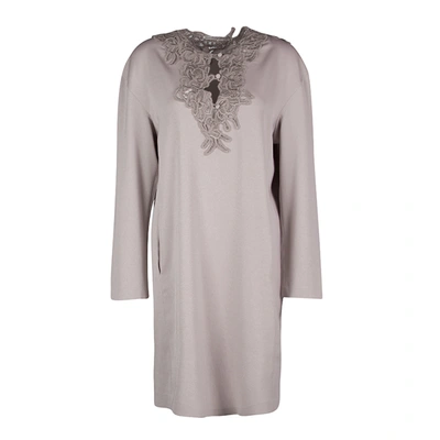 Pre-owned Ermanno Scervino Beige Contrast Lace Neck Trim Detail Long Sleeve Dress L