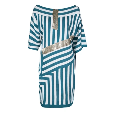 Pre-owned Chloé Aqua Blue And White Striped Knit Metal Sequin Embellished Dress