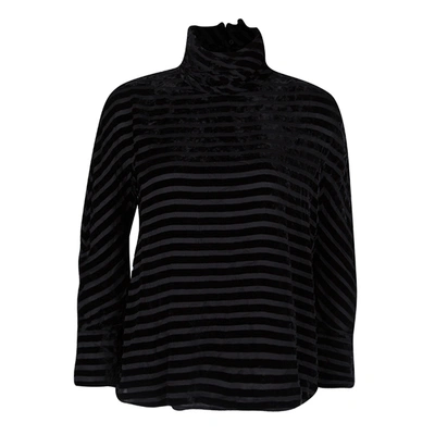 Pre-owned Giorgio Armani Black Striped Velvet High Neck Long Sleeve Blouse S