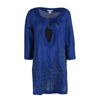 Pre-owned Diane Von Furstenberg Blue Seersucker Beaded Applique Detail Tunic M