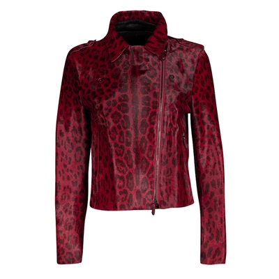 Pre-owned Valentino Red Leopard Pattern Calf Fur Zip Front Biker Jacket M