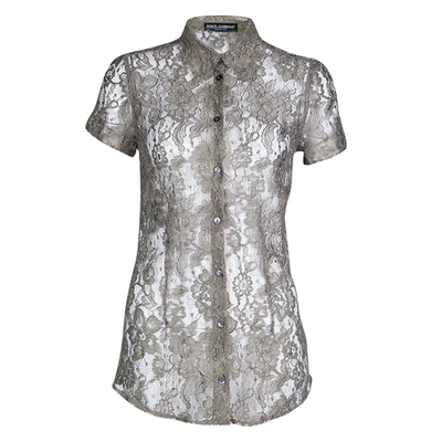 Pre-owned Dolce & Gabbana Khaki Floral Lace Short Sleeve Shirt S In Green