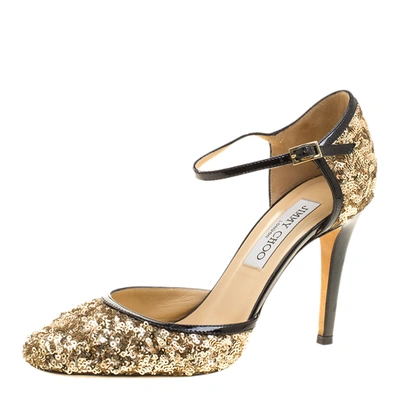 Pre-owned Jimmy Choo Metallic Gold Sequin And Leather Tessa Ankle Strap Sandals Size 36.5