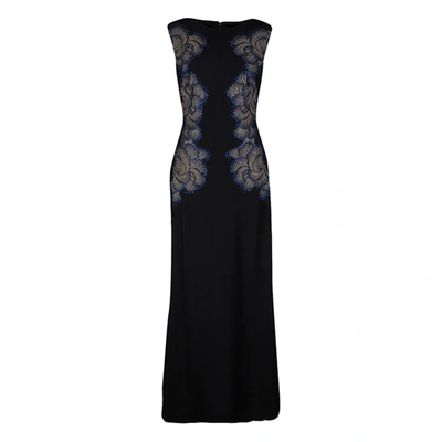 Pre-owned Tadashi Shoji Black Lace Applique Side Panel Detail Embellished Sleeveless Gown M