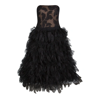 Pre-owned Tadashi Shoji Black Tulle Embroidered Faux Feather Strapless Dress M