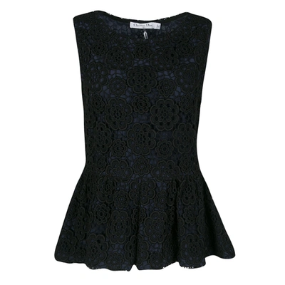 Pre-owned Dior Navy Blue And Black Floral Lace Overlay Sleeveless Peplum Top L