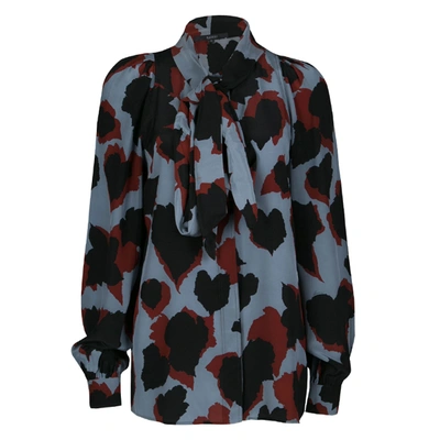 Pre-owned Gucci Abstract Leaf Print Neck Tie Detail Long Sleeve Silk Blouse S In Multicolor