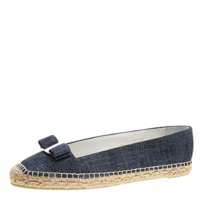 Pre-owned Ferragamo Mandy Denim Printed Suede Espadrille Flats Size 40.5 In Blue