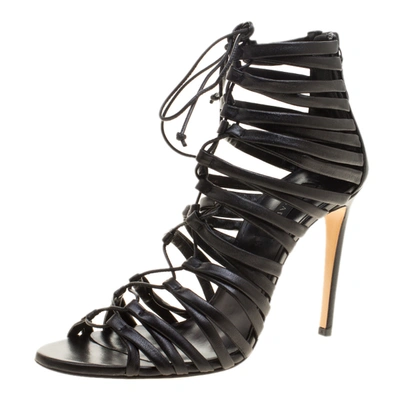 Pre-owned Casadei Black Strappy Leather Lace Up Gladiator Sandals Size 37.5