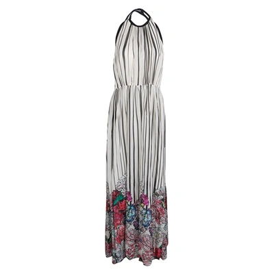 Pre-owned Elie Saab Monochrome Striped Silk Floral Print Halter Maxi Dress S In Multicolor