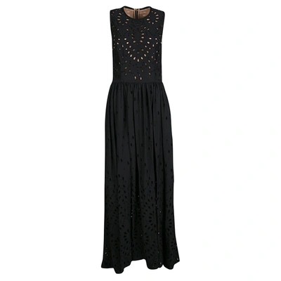 Pre-owned Elie Saab Black Eyelet Embroidered Gathered Sleeveless Maxi Dress S