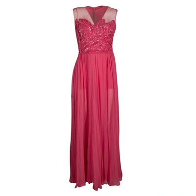 Pre-owned Elie Saab Begonia Embellished Silk Sleeveless Gown S In Pink