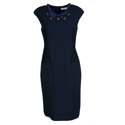 Pre-owned Matthew Williamson Navy Blue Smocked Waist Detail Embellished Neck Sleeveless Dress M