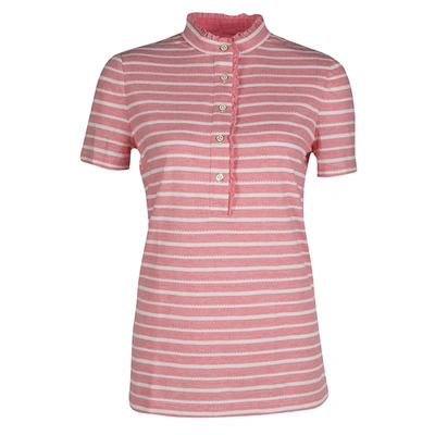 Pre-owned Tory Burch Pink And White Striped Knit Ruffle Detail T-shirt S