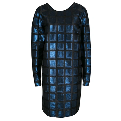 Pre-owned Kenzo Blue And Black Metallic Square Jacquard Long Sleeve Shift Dress L