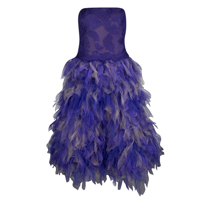 Pre-owned Tadashi Shoji Purple And Begie Tulle Embroidered Faux Feather Strapless Dress M