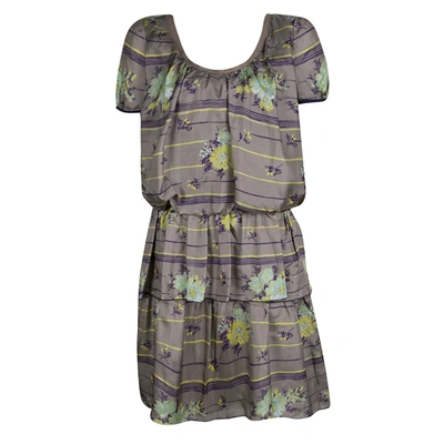 Pre-owned Philosophy Di Alberta Ferretti Grey Floral Printed Silk Tiered Dress S