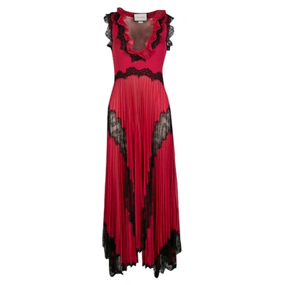 Pre-owned Gucci Red Lurex Knit Contrast Lace Ruffle And Pleat Detail Sleeveless Gown S