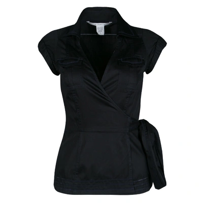 Pre-owned Diane Von Furstenberg Black Cotton Contrast Stitch Detail Wrap Shirt Xs