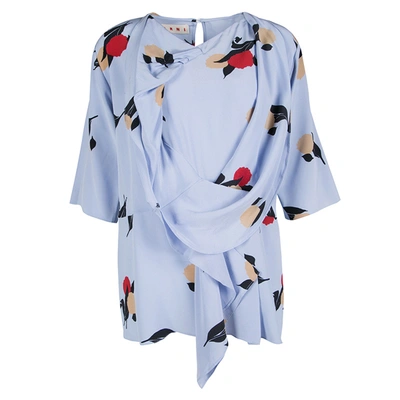 Pre-owned Marni Powder Blue Floral Printed Silk Draped Front Blouse M