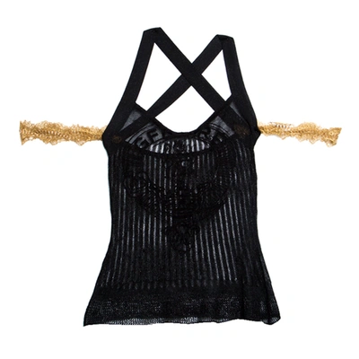 Pre-owned Gianfranco Ferre Gf Ferre Metallic Black Scallop Lace Strap Detail Perforated Knit Top S