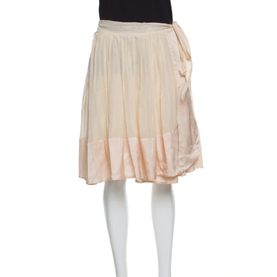 Pre-owned Chloé Champagne Cotton Satin Trim Detail Pleated Wrap Skirt M In Beige
