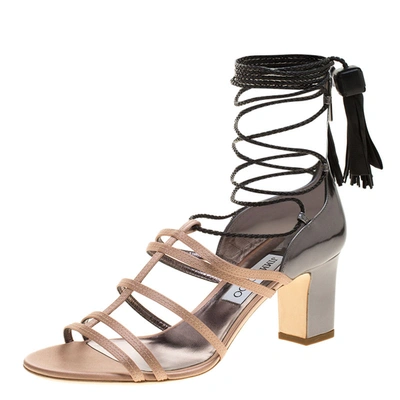 Pre-owned Jimmy Choo Beige Satin And Metallic Leather Diamond Tie Up Block Heel Sandals Size 40