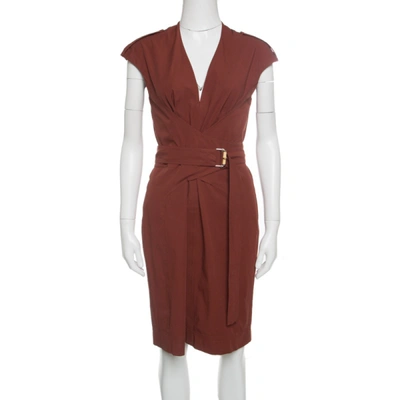 Pre-owned Gucci Brown Stretch Cotton Belted Horsebit Buckle Detail Dress M