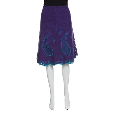 Pre-owned Moschino Purple Wool Cutout Paisley And Floral Motif Detail Skirt M