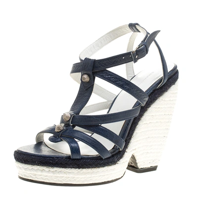 Pre-owned Balenciaga Blue/white Leather Espadrille Wedge Sandals Size 38