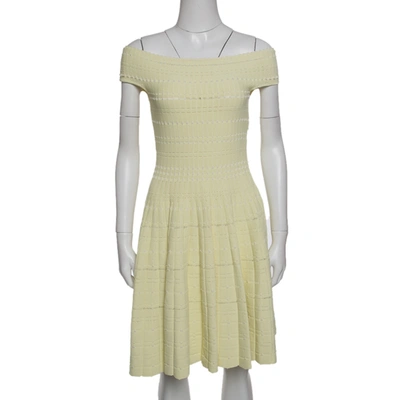 Pre-owned Alexander Mcqueen Yellow Stretch Perforated Knit Fit And Flare Dress M