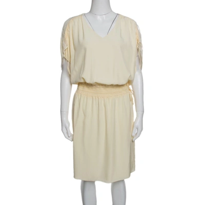 Pre-owned Chloé Vanilla Yellow Smocked Waist Lace Insert Tie Detail Dress M