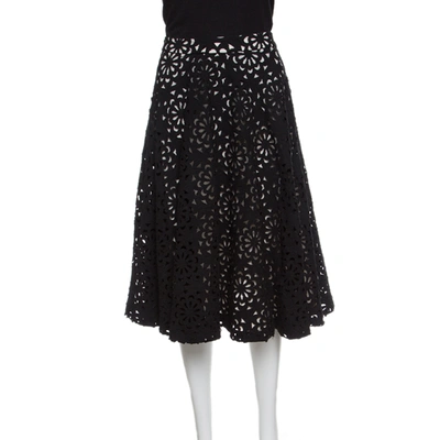 Pre-owned Alice And Olivia Black Floral Laser Cut Flared Viviana Skirt S