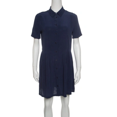 Pre-owned Equipment Navy Blue Washed Silk Naomi Shirt Dress S